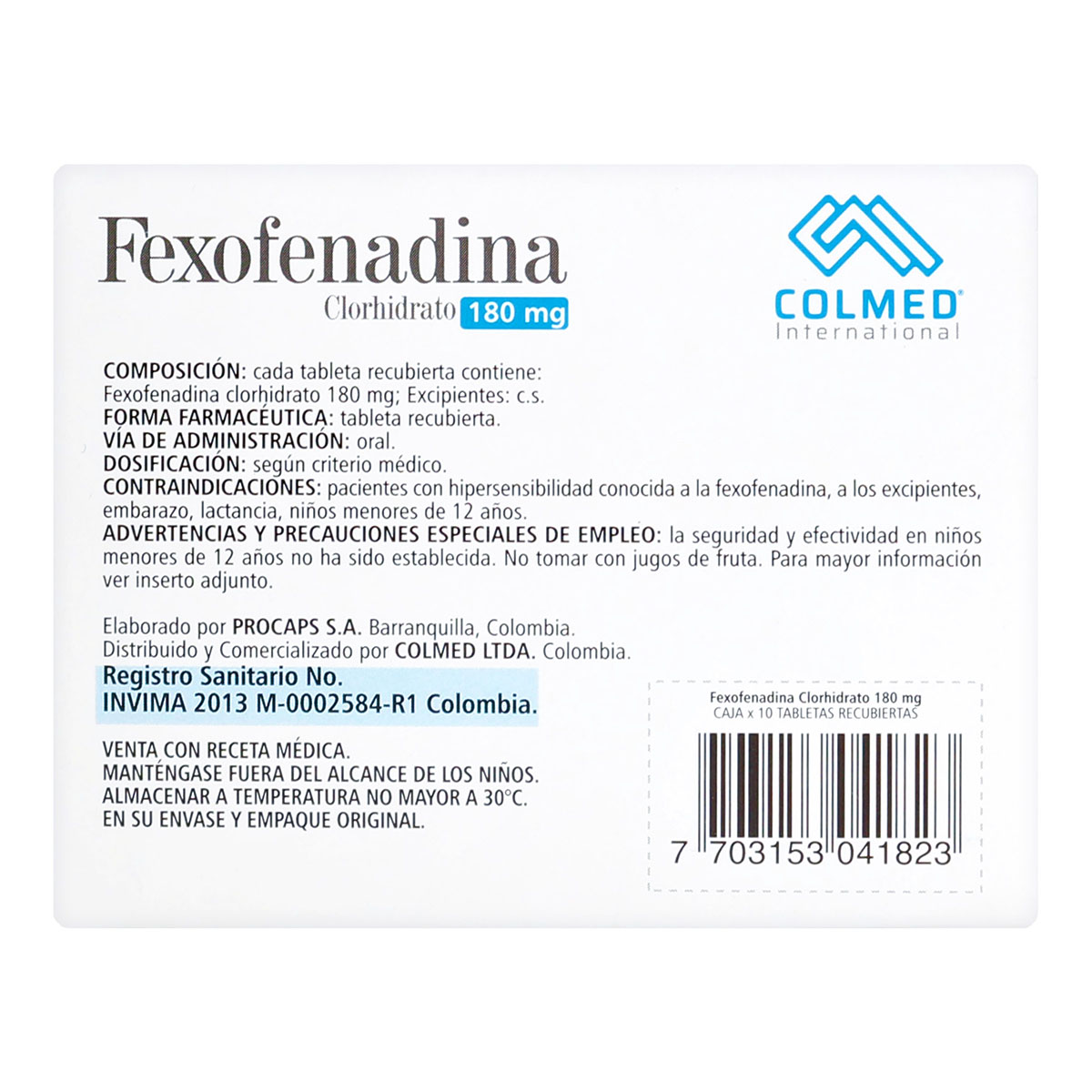 Fexofenadina 180 Mg Tabletas Recubiertas PC