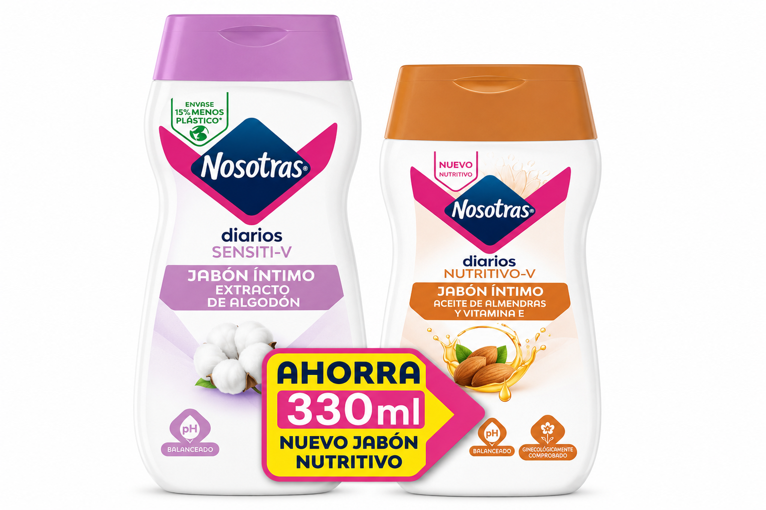 Jabon Intimo Nosotras Sensiti-V 200 mL+Jabon Intimo Nutritivo-V 130 mL