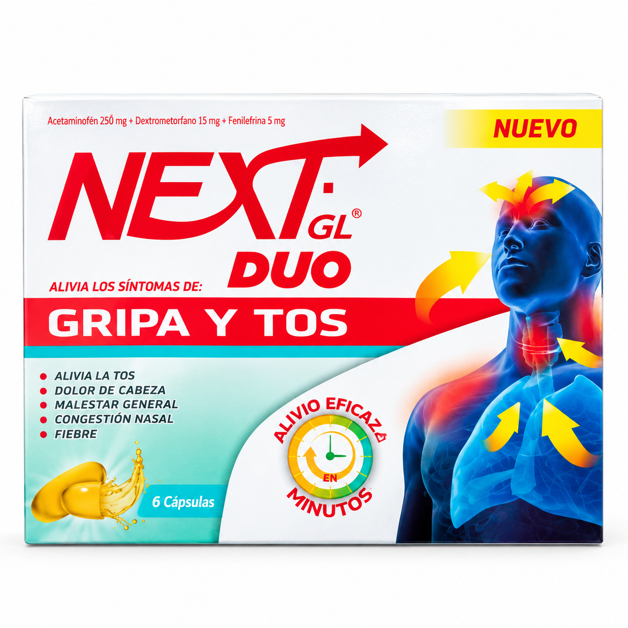 Next GL Duo Gripa Rapida Accion Acetaminofen + Fenilefrina+Dextrometorfano 325/10/5 Mg Capsulas Blandas