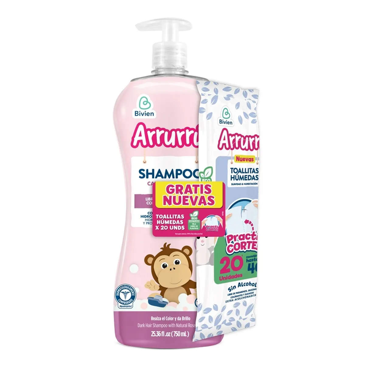 SHAMPOO ARRURRU CABELLO OSCURO 750 ML +TOALLITAS HUMEDAS 20 UNI